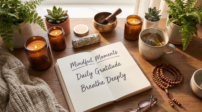 Self-care objects arranged around a notebook with handwritten mental health notes