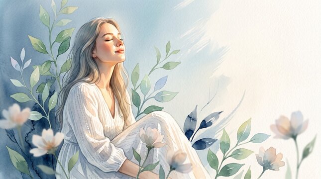 Peaceful human silhouette made of soft glowing light surrounded by floating leaves and abstract calming shapes, Mental health awareness concept
