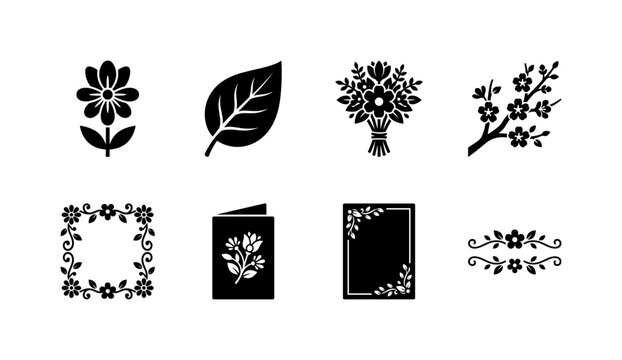 Spring Floral Elements, solid glyph icon set featuring flower, leaf, bouquet, blossom branch, floral frame, greeting card, invitation and decorative divider, covering spring holidays, cards, banners,