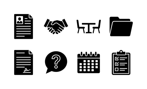 Interview Handshake Agreement, solid glyph icon set featuring resume, handshake symbol, interview table, HR folder, job contract, question bubble, calendar, covering recruitment, job interviews,