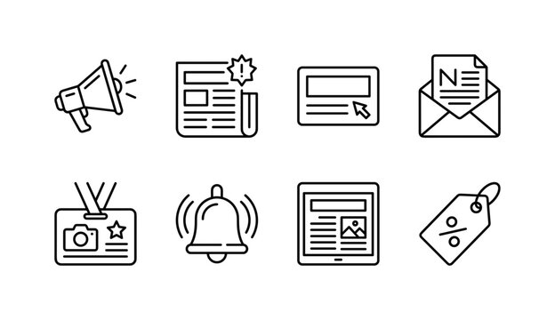 Latest News Promotion, line icon set featuring megaphone, newspaper, headline card, newsletter, press badge, alert bell, article page and sale tag, covering latest news, announcements, media updates,