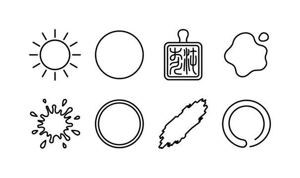 Zen Ink Emblems, line icon set featuring red sun, black circle, calligraphy stamp, brush blob, splash, round badge, ink smear and zen ring, covering Asian culture, Japanese, Chinese and Korean