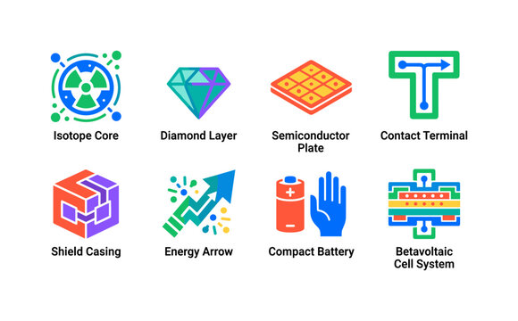 Nuclear Microbattery Layers, bright flat vector icon set featuring isotope core, diamond layer, semiconductor plate, contact terminal, shield casing, energy arrow, compact battery, covering