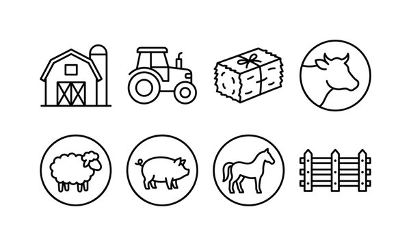 Farm Learning Symbols, line icon set featuring barn, tractor, hay bale, cow badge, sheep badge, pig badge, horse badge, field fence, covering farms, preschool education, rural life, children&rsquo;s