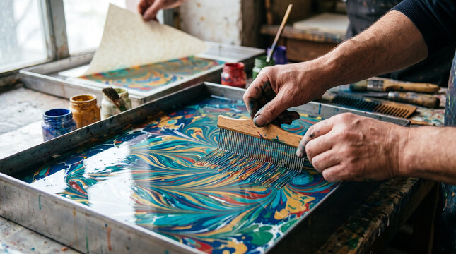 Man artisan creating marbled paper using traditional ebru technique. Craftsman drawing patterns on water surface with rake tool. Creative workshop of handmade paper design and art.