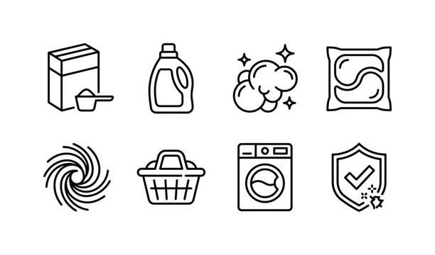 Super Clean Laundry, line icon set featuring washing powder box, liquid detergent, foam bubble, washing pod, fabric swirl, laundry basket, washer and hygiene shield, covering detergent products,
