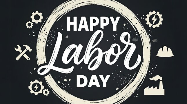 Chalkboard style graphic design celebrating labor day with industrial icons and hand lettering typography on dark background