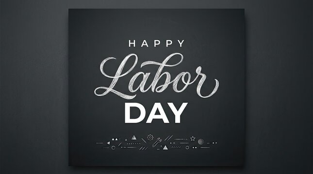 Elegant happy labor day greeting card design featuring white cursive typography on a dark charcoal background