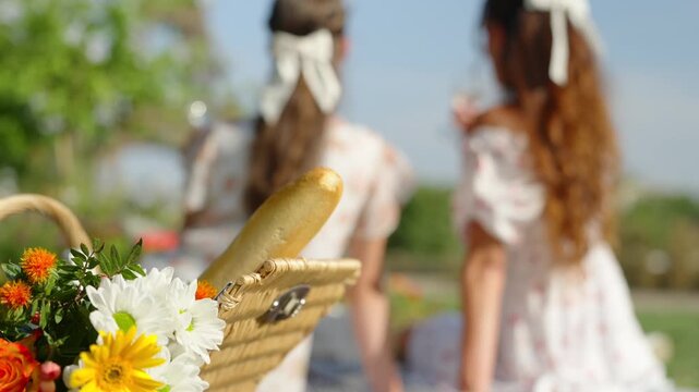 Picnic basket with flowers and baguette in a sunny park