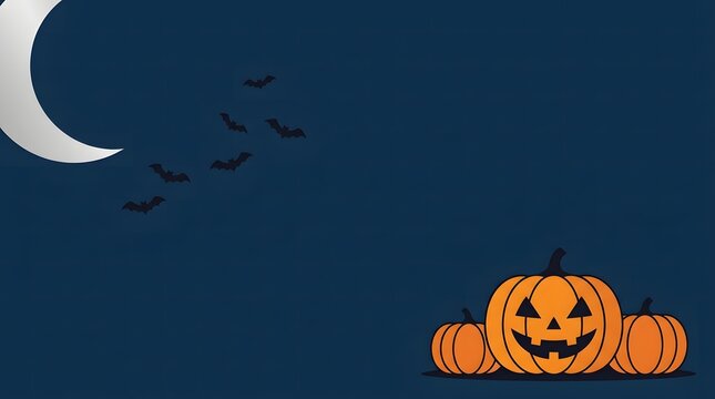 A spooky halloween background featuring a crescent moon and carved jack o lanterns at night