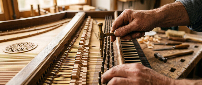 Harpsichord maker using a tuning hammer to adjust strings on a vintage instrument. Skilled man performing traditional restoration on a wooden musical instrument in his workshop.