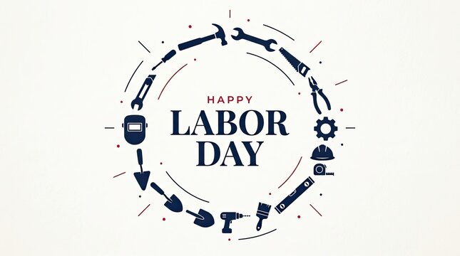 Happy labor day greeting card design featuring a circular frame of various professional construction and repair tools