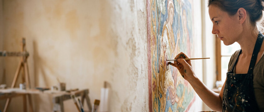 Woman art restorer using brush to carefully restore ancient fresco painting on wall in studio. Expert professional work on historical cultural heritage preservation and conservation.