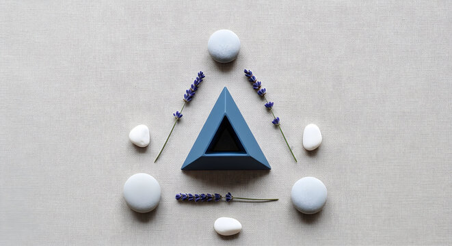 A blue triangular prism surrounded by smooth white pebbles and lavender sprigs arranged on a textured grey background