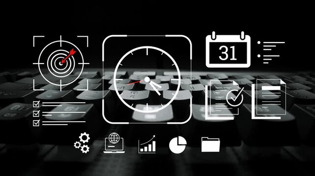 Digital interface overlay on keyboard with business and productivity icons featuring calendar, target, checklist, and analytics elements for modern workflow. Gluon.