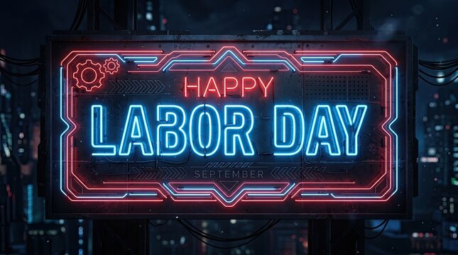 A vibrant neon sign displaying the words happy labor day glowing against a dark industrial background for holiday celebrations