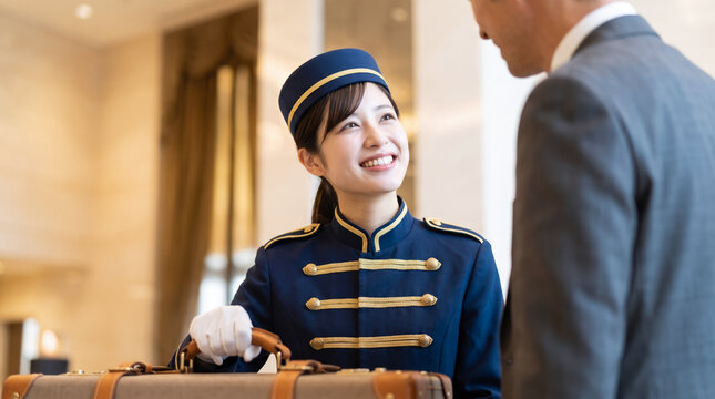 高級ホテルで笑顔で客の荷物を運ぶ女性ベルボーイの接客サービス