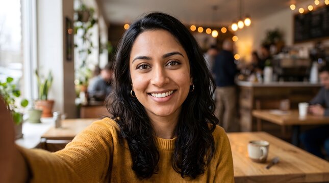 Radiant young woman with long dark hair smiling brightly while taking a casual selfie inside a cozy sunlit coffee shop