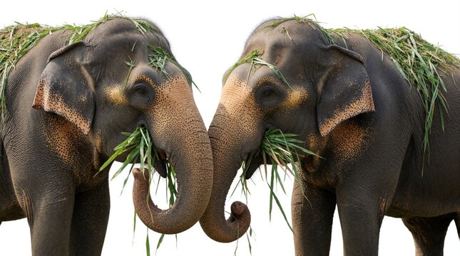 Two elephants eat green grass, facing each other. Their backs have grass bunches, hinting at a natural habitat. These gentle giants are herbivores, a symbol of Asian wildlife and conservation efforts.