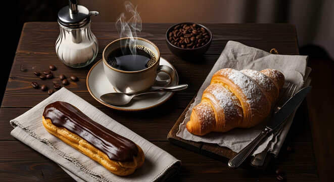 A delicious breakfast scene featuring a hot steaming cup of coffee with a fresh croissant and chocolate eclair