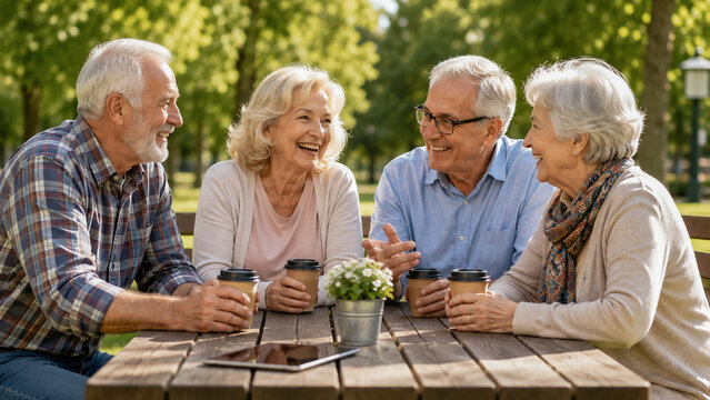 Happy senior friends drinking coffee and talking together at wooden table in sunny park