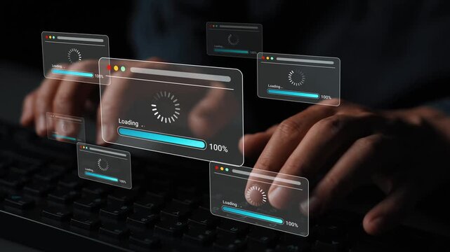 Hands typing on a keyboard with multiple loading screens and progress bars in a digital workspace, demonstrating technology, data processing, and online activity Gluon.