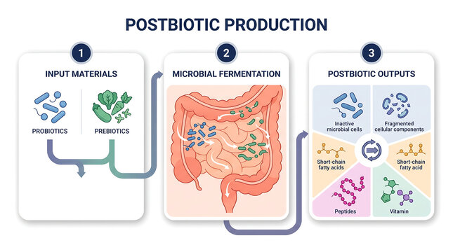 Postbiotic production infographic showing input materials microbial fermentation and postbiotic outputs like peptides and vitamins.