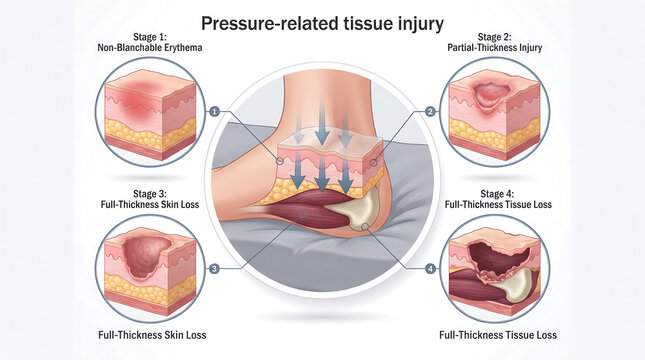 Pressure related tissue injury explained in science with stages of bedsores from non blanchable erythema to full thickness tissue loss showing medical progression and biological impact