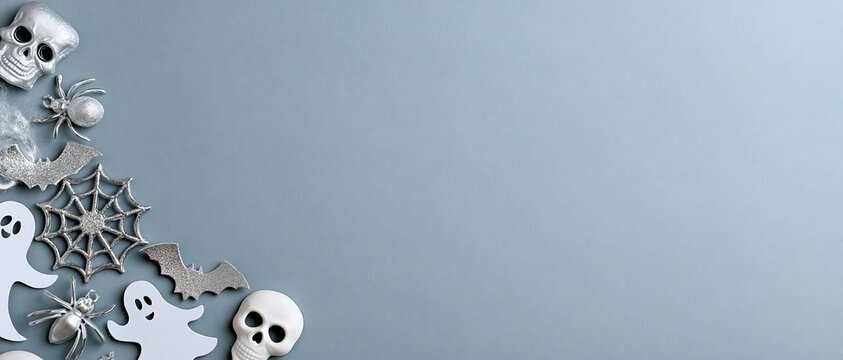 Elegant Halloween concept with silver glitter bats, spiderwebs, skulls, and white ghost cutouts arranged on a cool blue grey background with generous copy space for seasonal campaigns.