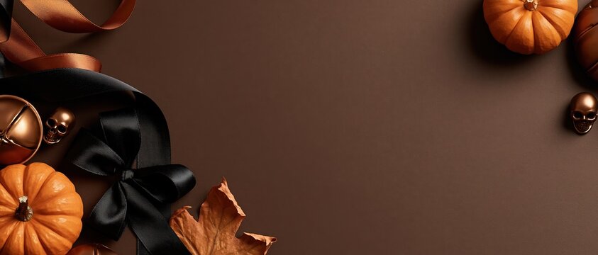 Luxe Halloween mockup background with orange pumpkins, black satin bow, copper skull ornaments, and dried maple leaf on rich mocha brown. Wide copy space for seasonal campaign design.