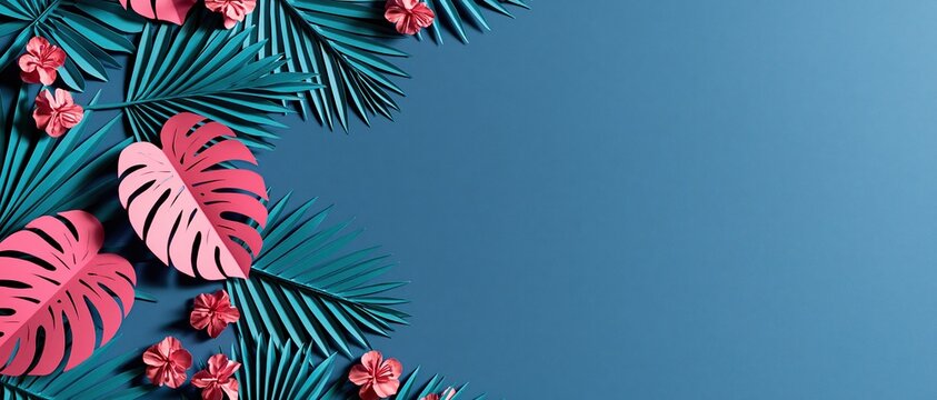 Bold papercut tropical composition with pink monstera leaves, teal palm fronds, and coral flowers on cobalt blue. Wide panoramic layout with generous copy space for summer campaigns.