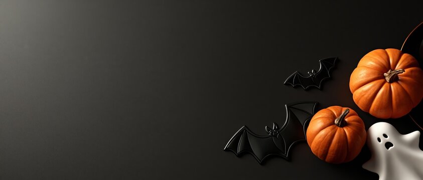 Spooky Halloween banner with copy space for seasonal campaigns. Orange pumpkins, black bat figurines, and white ghost decor arranged on dark charcoal background. Perfect for party.