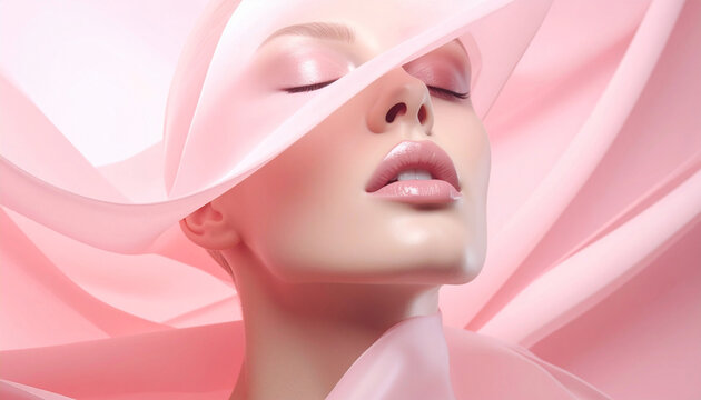 High-fashion beauty macro of a model with eyes closed and serene expression, veiled partially by dynamic flowing sheer pink silk fabric, ideal for cosmetics, wellness, and perfume advertising.