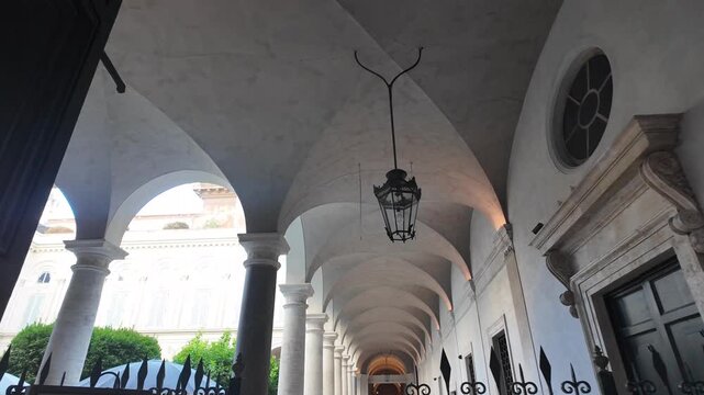Classic monastery cloister with rows of columns in a courtyard