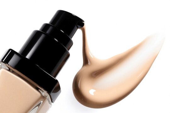 Liquid foundation dispenses from pump bottle creating smooth on white background. Beige cosmetic fluid texture, perfect for makeup application and skin tone matching.