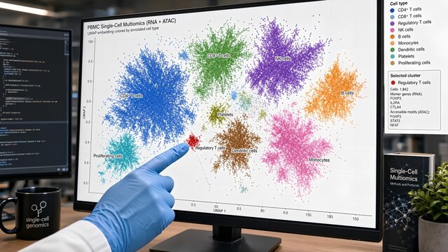 Bioinformatician pointing at a t-SNE or UMAP single-cell RNA-seq scatter plot on a computer screen, highlighting distinct cell type clusters and regulatory T cell populations