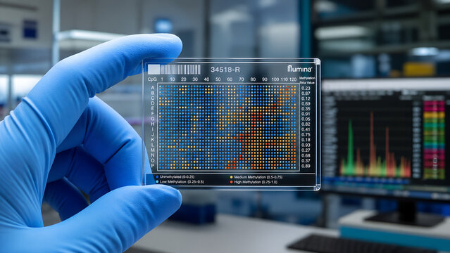 Molecular biology laboratory view of a DNA methylation array chip displaying CpG island analysis and bisulfite sequencing data held safely in the hands of a researcher in sterile gloves