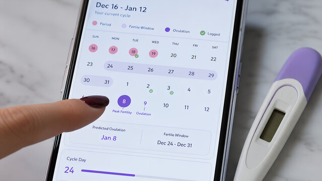 Modern smartphone displaying a menstrual and fertility tracking application showing cycle data, fertile window, and predicted ovulation as a woman points to her peak fertility day