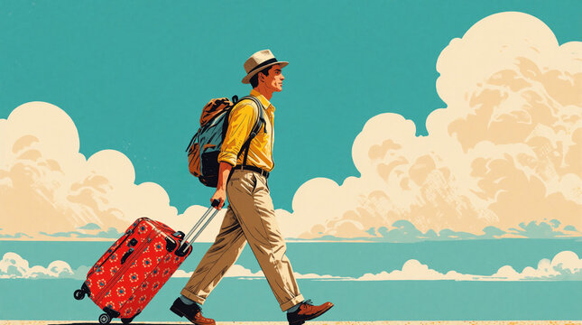 Man with backpack and suitcase walks on path towards horizon. Person wears hat and yellow shirt, carries luggage on trip. Colorful illustration implies adventure and freedom.