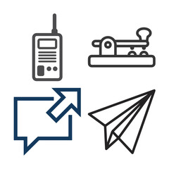 Icon Communication icon set with walkie talkie and morse code key. Paper plane and chat bubble vector symbols. Messaging and radio equipment icons. isolated on White Background © Shamia
