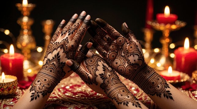 Intricate brown henna designs adorn female hands. Festive candles and blurred gold lights create warm ambiance. Celebration, tradition, beauty.
