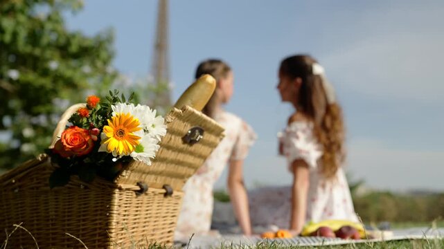 Picnic basket with flowers and baguette near Eiffel Tower