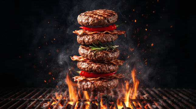 Stacked grilled beef burger patties with bacon and hot chili peppers hovering over flaming charcoal.