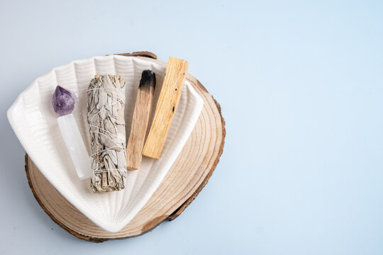 sage smudging set with amethyst and palo santo for cleansing and meditation rituals