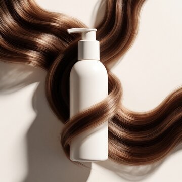 White bottle with pump dispenser for hair product and flowing shiny brown hair. Minimalist clean design for beauty ads. Smooth healthy hair strands.
