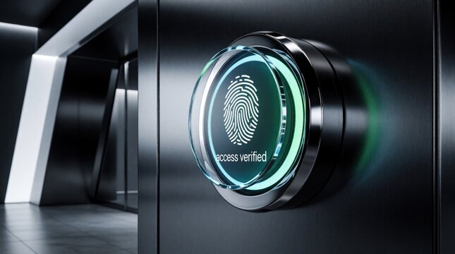 Fingerprint scanner grants entry in modern office. Biometric reader confirms access on secure building door. Digital identity verification for safety and control.