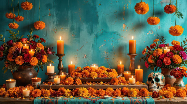 Day of the Dead Altar with Marigold Flowers, Candles and Sugar Skull on Turquoise Background, Dia de los Muertos Ofrenda Decoration for Hispanic Heritage Month Cultural Celebration Photography
