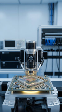 Microchip inspection equipment testing an integrated circuit on an automated semiconductor workstation.