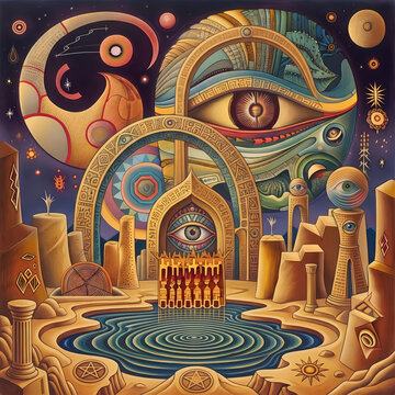 Surreal Esoteric Landscape with Third Eye Portal & Sacred Geometry Sanctuary