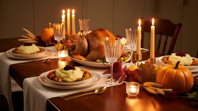 Roasted thanksgiving turkey dinner centerpiece surrounded by glowing candles and seasonal autumn harvest decorations on table